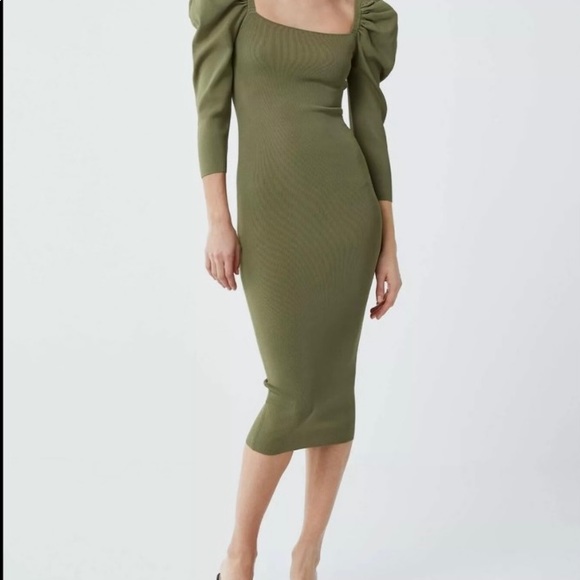 NWT Zara Bandage Puffy Sleeved Dress Olive Green Size Large - Picture 3 of 13